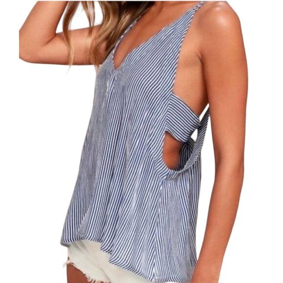 Lulu's Adrift Blue and White Pinstripe Flowy Nautical Tank Top, Small - Picture 1 of 12
